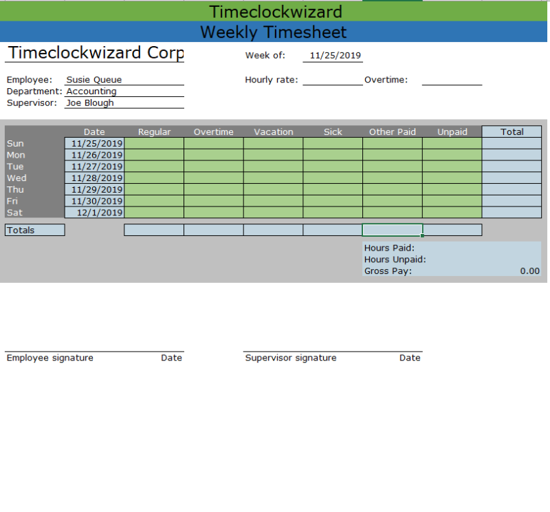 Weekly Timesheet Templates - Time Clock Wizard