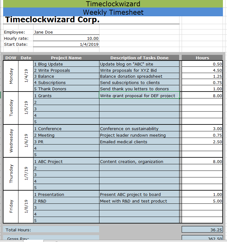 Weekly Timesheet Templates - Time Clock Wizard